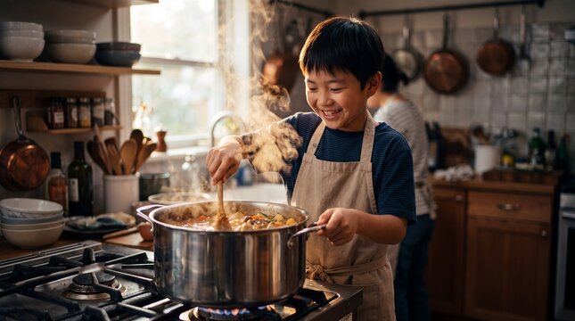 Cheerful East Asian Boy Stirring Large Stock Pot