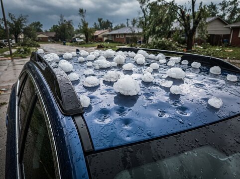 Severe hail storm damage on the roof of a blue car with large hailstones scattered across the vehicle after a severe weather event