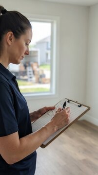 Moving Inspector Conducting a Detailed Inventory Assessment with Clipboard and Pen in a New Empty Residential Property Interior Space