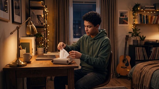Stylish Mixed-Ethnicity Teenager with Wet Wipes in Warm Interior