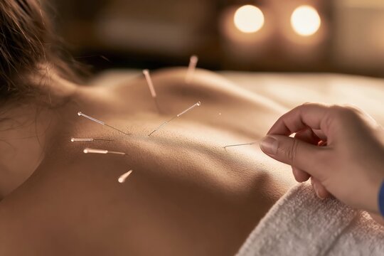 Close-up of a person receiving acupuncture treatment on their back with thin needles inserted into the skin