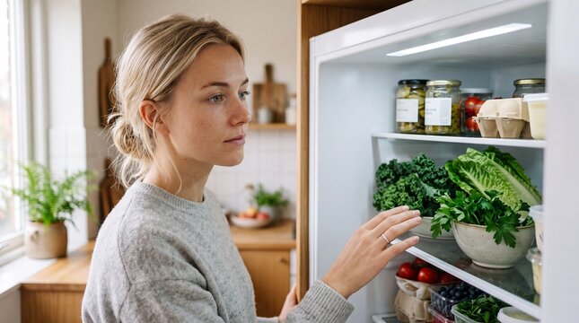 Young Scandinavian Woman Selecting Fresh Produce from Refrigerator