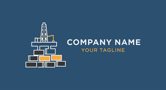 Oil rig logo design with company name and tagline on dark blue background.