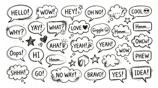 Hand-drawn speech and thought bubbles doodle collection with various expressions like hello, wow, hey, cool, why, yay, what, love, giggle, hmm, aha, yeah, oops, hi, phew, shhh, go, bravo, ye