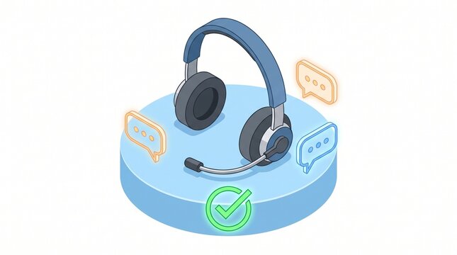 Customer service headset with microphone and chat bubbles in isometric vector illustration