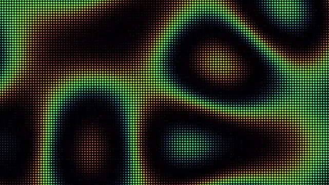 Abstract colorful halftone dot pattern with glowing green and dark shapes on black background