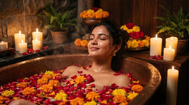 Relaxed Woman Enjoying Herbal Flower Bath in Copper Tub at Luxury Spa Generative AI