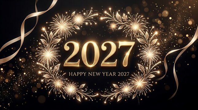 Golden happy new year 2027 greeting card with fireworks and ribbons on a luxury black background