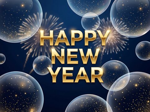 Golden happy new year text with transparent floating bubbles and sparkling fireworks on a dark blue background