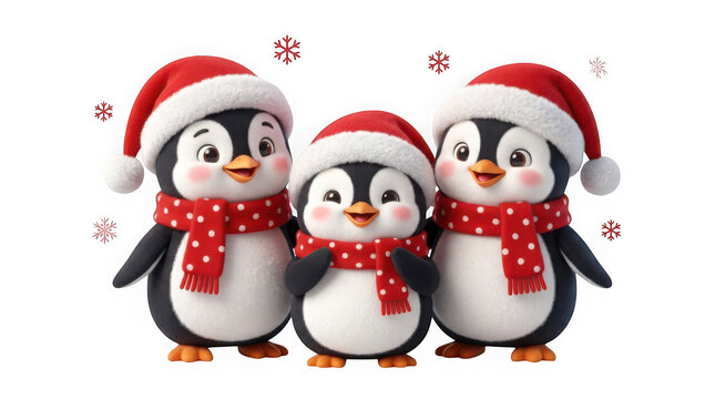 Three cute cartoon penguins wearing santa hats and red polka dot scarves isolated on transparent background