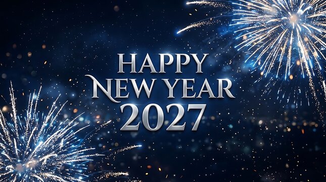 Happy New Year 2027 greeting card design with bright sparkling blue fireworks on a dark background