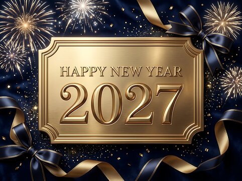 Happy New Year 2027 gold sign with elegant ribbons and festive fireworks on a dark blue background