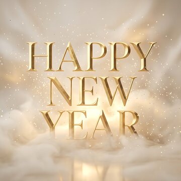 Happy New Year gold text greeting design with glowing particles and soft background