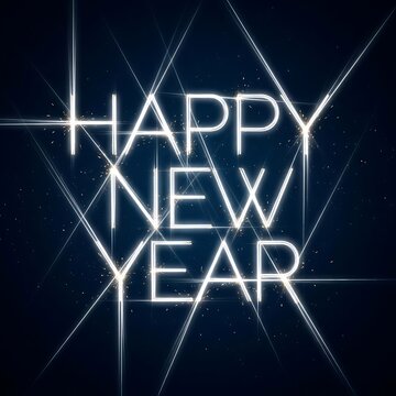 Happy New Year text greeting with bright shining light starburst effects and sparkling particles on dark background