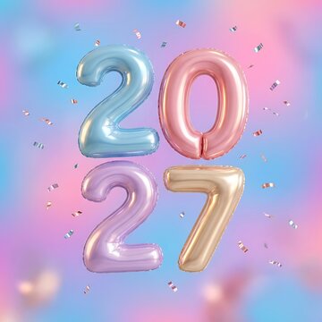 Pastel colored balloon numbers representing the year twenty twentyseven with falling confetti particles