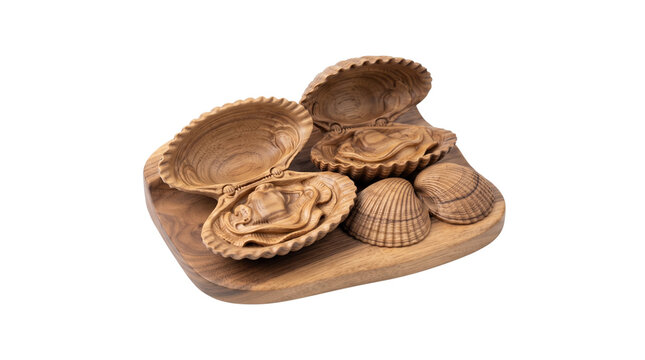 Handcrafted wooden seashell carvings on timber base, rustic decorative sea shells, nautical wood sculpture for home decor