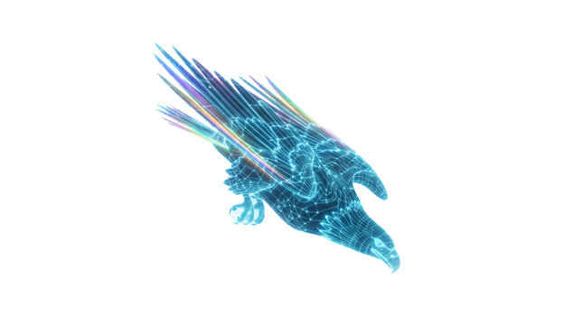 Futuristic digital eagle hologram, glowing blue neon bird of prey, high-tech cybernetic eagle soaring on white background