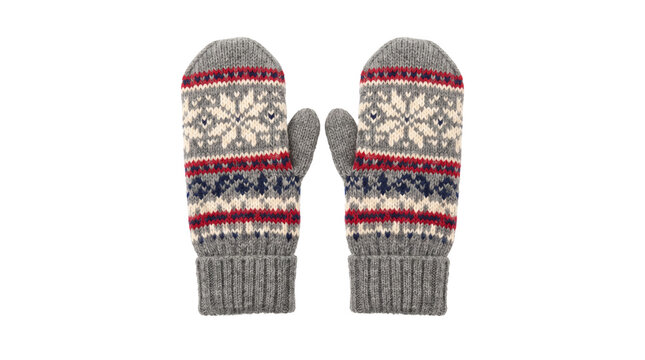 Pair of cozy gray knitted wool mittens with a festive Nordic snowflake pattern. Perfect for winter holidays, seasonal fashion, and Christmas designs.