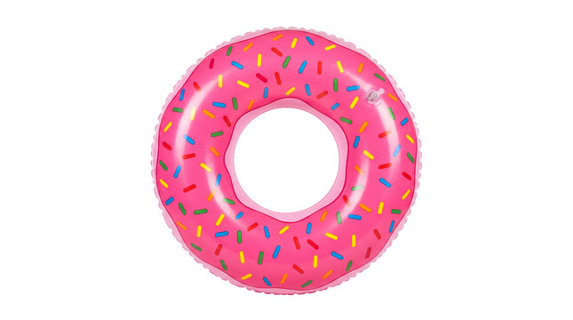 A bright pink donut pool float decorated with colorful sprinkles. Perfect for summer beach parties, pool recreation, water fun, and vacation travel advertising themes.