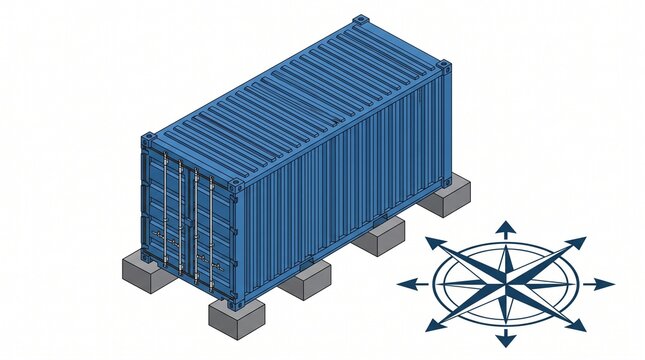 Blue shipping container standing on concrete foundations next to a directional compass star