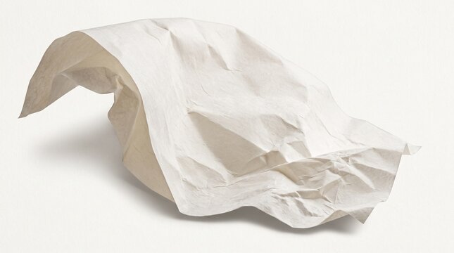 A crumpled piece of white paper or tissue rests on a clean, light-colored off-white surface, featuring noticeable folds, wrinkles, and soft dynamic shadows.