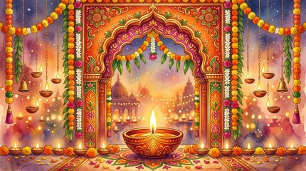 Fototapeta premium Diwali festival background with traditional lamps and marigold flowers