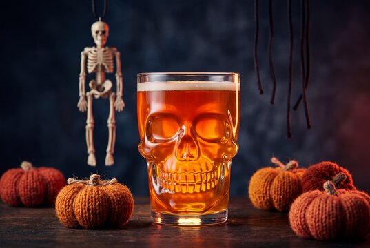 Halloween skull glass filled with beer surrounded by knitted pumpkins and a hanging skeleton