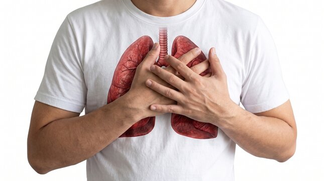 The image shows a man holding his chest over a transparent graphic of his lungs. This illustration likely represents a condition, medical issue, or pain associated with the respiratory system.