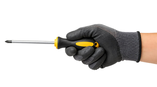 Hand wearing glove holding screwdriver isolated on transparent background
