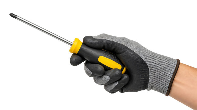 Hand wearing glove holding screwdriver isolated on transparent background