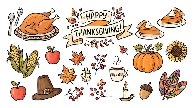 A festive thanksgiving banner featuring hand drawn watercolor illustrations of roasted turkey pumpkin pie autumn leaves corn and seasonal harvest elements for holiday celebration card