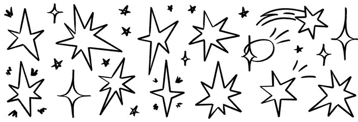 Star sparkle chalk comet icon set. Hand drawn star sparkle chalk sketch line pen brush asterisk twinkle burst. Cute bold black space galaxy night sky poster texture background. Vector illustration © Анжелика Полтавец