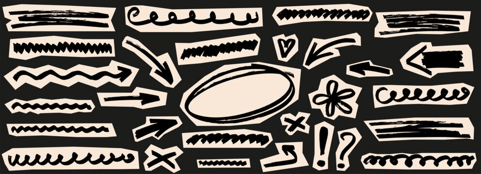 Marker highlight underline arrow set. Hand drawn marker highlight underline arrow line pen brush oval doodle scribble. Cute retro cream chalkboard poster memo texture background. Vector illustration