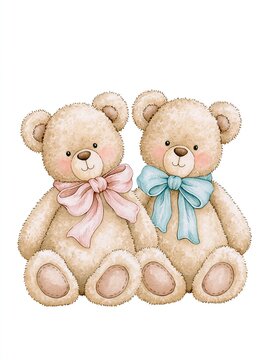 Adorable Pair of Fluffy Teddy Bears with Pink and Blue Bows, Perfect for Children's Designs