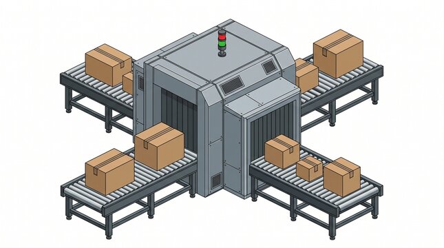 Isometric industrial security scanner machine with conveyor belts and cardboard boxes