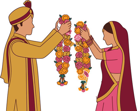 Indian wedding couple exchanging flower garlands, traditional Hindu marriage ceremony vector, bride and groom in ethnic attire