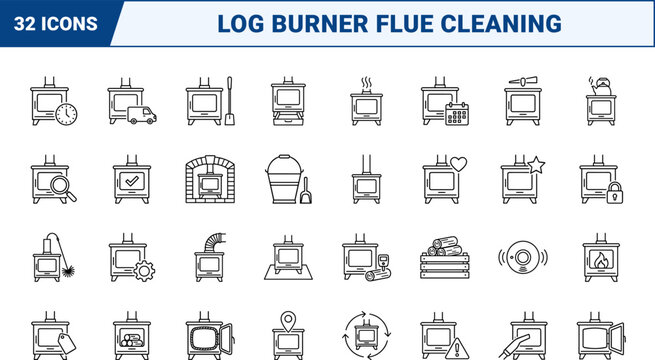 Log Burner Stove Annual Service Web Icon Set in Linear Style. Collection of heating maintenance line icons, including chimney sweep, flue inspection, stove repair, hearth care, safety check.