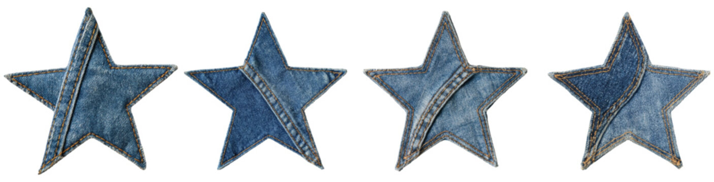 Four handmade denim fabric star appliques with visible white stitching and textured blue jeans material, symbolizing quality, craft, and diy fashion patches on a white background