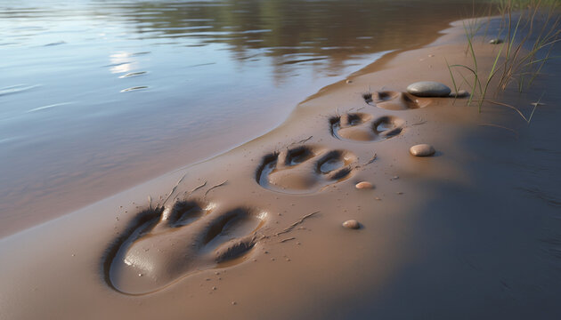 Deer Footprint Illustration on River Mud Shoreline Showing Wildlife Tracks in Wet Sand