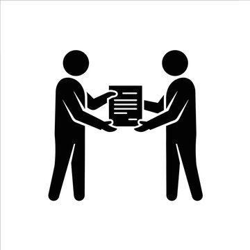 Business professionals exchanging documents or a contract, symbolizing agreement and partnership in a simple pictogram