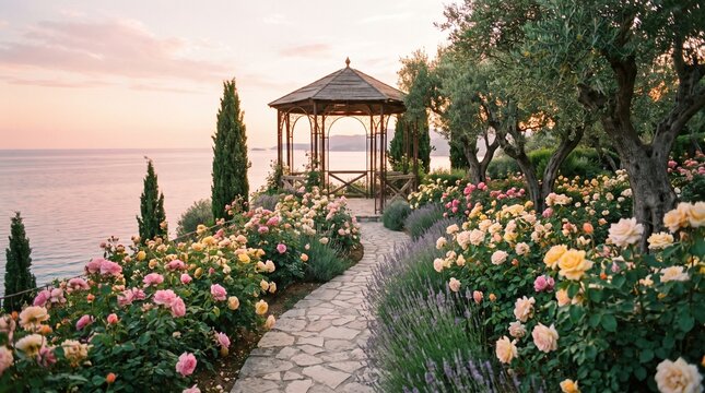Stone pathway leading to wooden gazebo gazebo overlooking calm ocean during sunset, surrounded by blooming rose garden and cypress trees