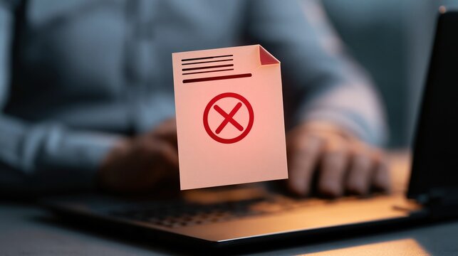Digital Document with Red Cross Mark Symbolizing Rejection or Error on Laptop Background