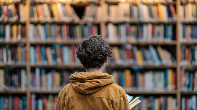 Young person with curly hair standing in front of a large bookshelf filled with books, holding a book