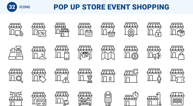Pop Up Store Web Icon Set in Linear Style. Collection of temporary retail line icons, including boutique, promotion, shopping, location, payment, event.