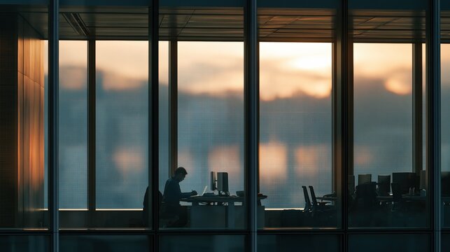 Lone person working late in modern office overlooking city skyline at sunset