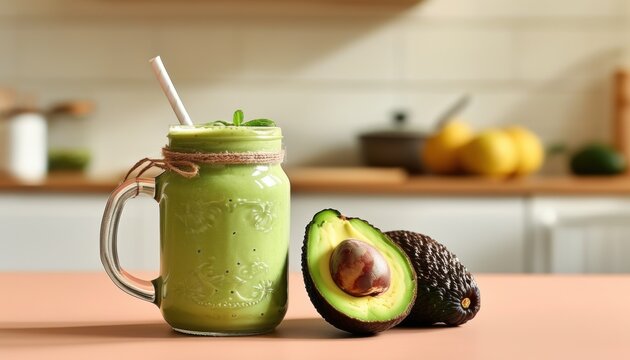Creamy avocado smoothie in jar with fresh avocado halves on kitchen counter with copy space