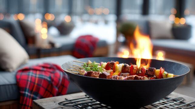 Winter gathering around a round fire pit with grilled skewers