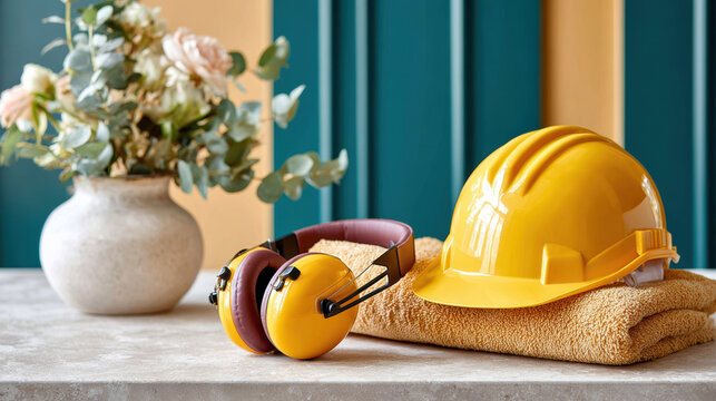 Yellow construction hard hat and ear protection on folded towel tabletop with vase and teal background for labor day industrial safety banner and workplace equipment promotion