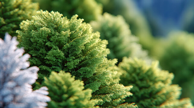 Macro close-up of lush evergreen foliage and textured green needles for earth day nature editorial background and conservation article header image
