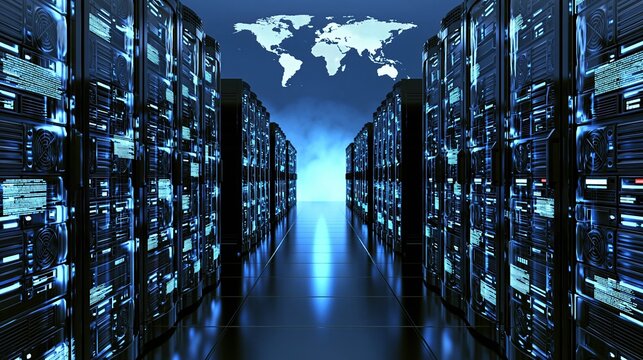 Modern data center with rows of servers and a glowing world map overhead representing global connectivity and cloud computing